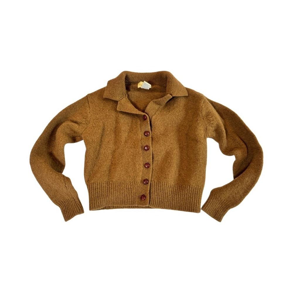 Limited America Vintage 100% Wool Brown Collared Cropped Cardigan Sweater Small‎
